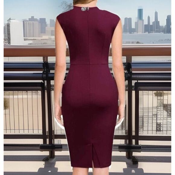 Miusol Women’s Retro Ruffle Slim Work Pencil Dress Burgundy Red Size Small Midi - Picture 2 of 16
